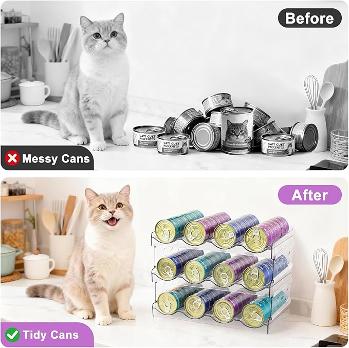 Cat Food Can Organizer, Can Organizer for Pantry, Transparent Cat Food Storage Container Holds 72 (3.5oz) Cans, Canned Food Organizer and Storage for Countertop Kitchen Cabinet (4 Tier-3 Layer)