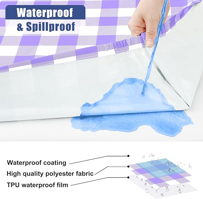 Smiry Picnic Table Cloth 2 Pack, Waterproof Elastic Fitted Tablecloths for 4FT Rectangle Tables, Washable Polyester Buffalo Plaid Tablecloth for Camping, Dining & Outdoor (Purple & White, 30" x 48")