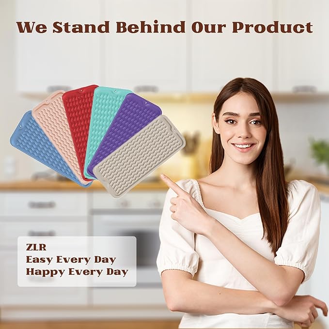 ZLR Silicone Sponge Holder & Sink Caddy Tray (6" x 17") - Narrow Dish Drying Mat for Kitchen Counter - Waterproof Soap Dispenser Organizer, Non-Slip Bathroom Vanity Tray (Dark Green)