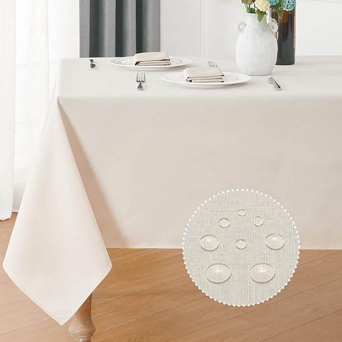 Veblandy Rectangle Tablecloth 60x104 inch Linen Textured Waterproof Table Cloth Stain and Wrinkle Resistant Washable, Decorative Fabric Table Cover for Outdoor and Indoor Use, Ivory