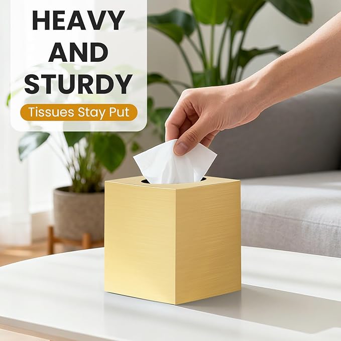 2 Pack Tissue Box Cover, Square Acrylic Tissue Holder, Decorative Facial Tissue Box Vessel Cube Paper Organizer Dispenser for Bathroom Office, Night Stand, Desk, Car, Vanity, Countertops, Gold