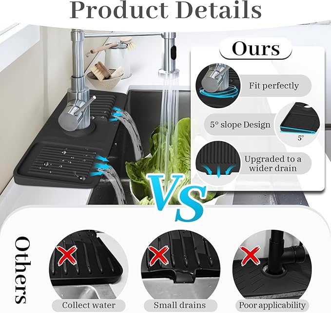PoYang 14.6 Inch Faucet Mat for Kitchen Sink Splash Guard Behind Faucet, Sink Protectors for Kitchen Sink Faucet Mat Splash Guard for Kitchen Sink Area, Short Silicone Faucet Guard Draining Mat, Black