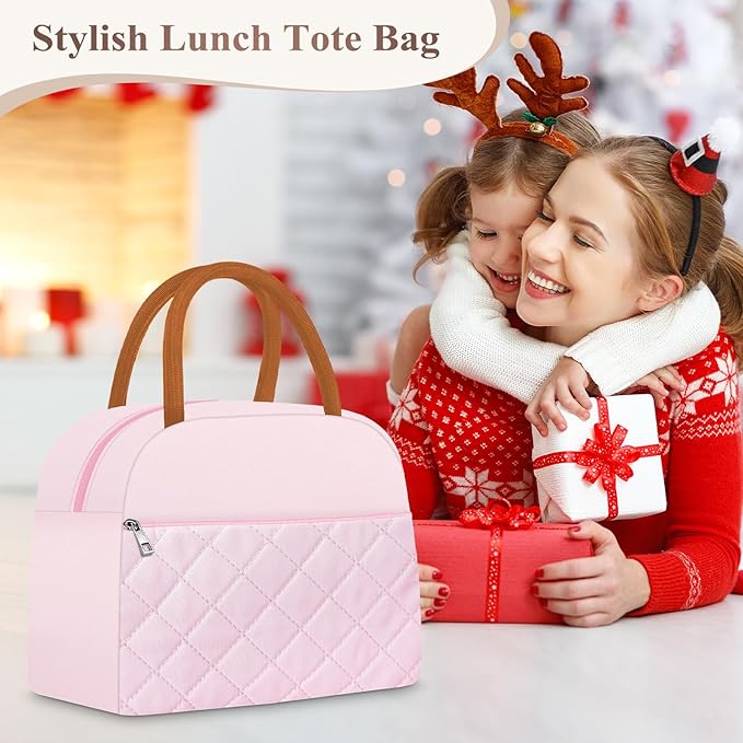 KUBYA Lunch Box for Women Adult Men Insulated Cute Quilted Lunch Bag Women Reusable Large Lunch Tote Bag Leakproof Simple Cooler Bag for Work Office Picnic Beach or Travel
