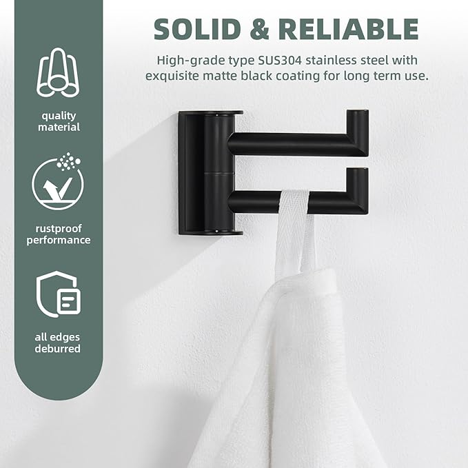 Angle Simple Swivel Double Towel Hook Matte Black, 304 Stainless Steel Robe Hook for Bathroom