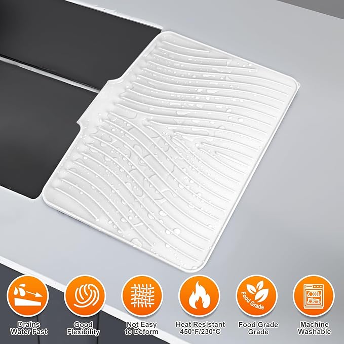 Silicone Dish Drying Mat for Kitchen Counter, Dish Drying Pad, Non-Slip Drain Pad with Built-in Drain, Heat Resistant Stone Drying Mat,Ivory-1Set