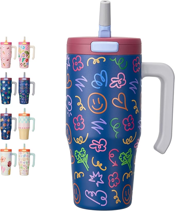 Fijinhom 25 oz Insulated Tumbler with Handle, Stainless Steel Insulated Water Bottle Coffee Mug with Straw, Coffee Cups, Cute Water Bottle for Sports, Travel, Lunch, Doodle Joy