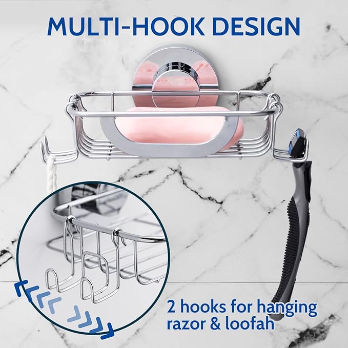 Soap Dish, Soap Bar Holder for Shower Suction Cup with 4 Hooks Wall Mounted, Stainless Steel No-Drilling Removable Waterproof Sponge Holder for Bathroom Bathtub Kitchen Sink, Silver
