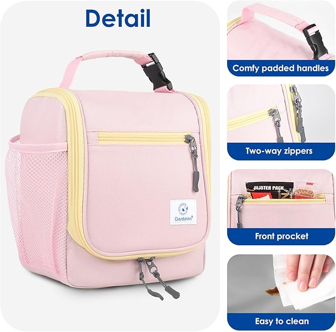 Genteen Kids Lunch Box, Insulated Lunch Bag for Kids, Toddler, Girl, and Boy; Holds Lunch Box, Water Bottle, & Snacks; Easy-Clean Water-Resistant Fabric & Multiple Zippered Pockets (Pink)