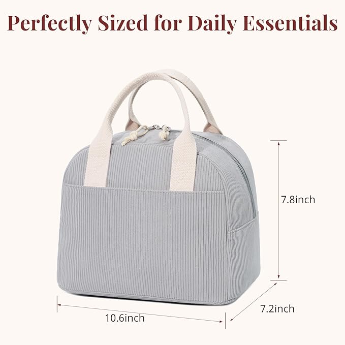 LOVELYWIND Insulated Lunch Bag for Women Men, Stylish Corduroy Tote Bag with Aluminum Lining, Large Capacity Reusable Cooler for Work, Travel, or Beach, Cloud Gray Lunch Box