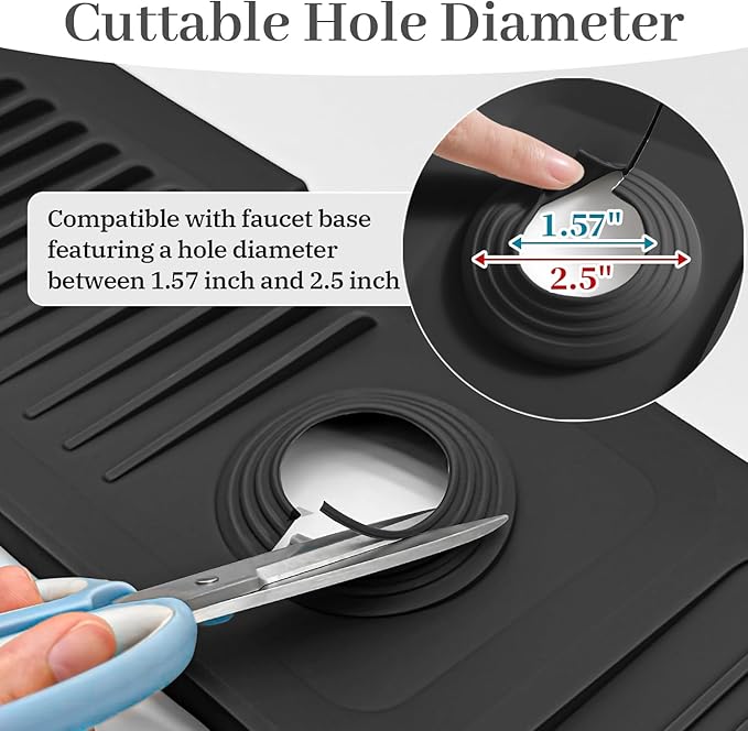 PoYang 14.6 Inch Faucet Mat for Kitchen Sink Splash Guard Behind Faucet, Sink Protectors for Kitchen Sink Faucet Mat Splash Guard for Kitchen Sink Area, Short Silicone Faucet Guard Draining Mat, Black