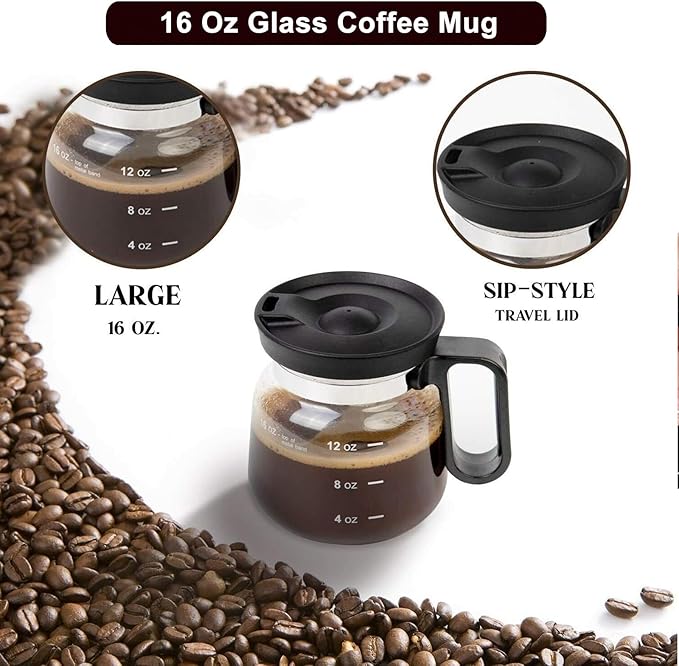 16 Oz Coffee Pot Mug,Mini Coffee Pot Cup,with Spill Proof Lid Heatproof Glass Mug Large Capacity ideal Gift for Coffee Lovers (2Pcs)
