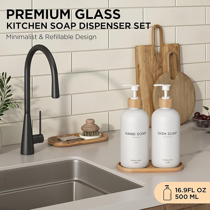 Hand and Dish Soap Dispenser Set,16oz Glass Bottles with Bamboo Pumps & Tray,Countertop Soap Dispensers for Kitchen,Luxury, Minimalist & Farmhouse Decor