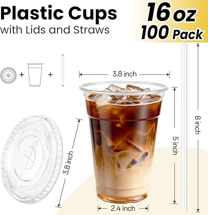 100 Pack 16 oz Plastic Cups with Lids and Straws, Clear Disposable Plastic Cups, Heavy Duty Iced Coffee Cups with Leak-Resistant Lids, Cold Drink Cups for Smoothies, Juice, Soda & Party To Go