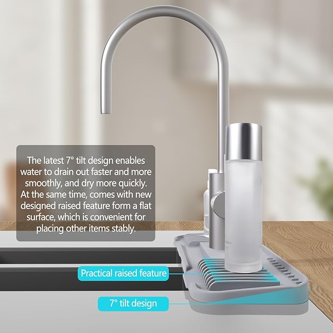 Silicone Faucet Mat Silicone Faucet Drip Catcher with Cuttable Circular Central for Kitchen Sink, Tailor-Made for Faucets with Deck Plate【Light Grey】