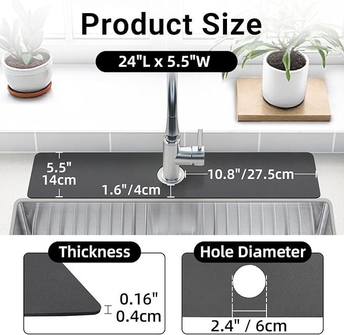 LOPNUR Faucet Mat for Kitchen Sink Protectors, 24 Inch Long Kitchen Sink Splash Guard Behind Faucet, Cuttable Bathroom Water Splash Guard with Super Absorbent Diatomite Fast Drying, Grey