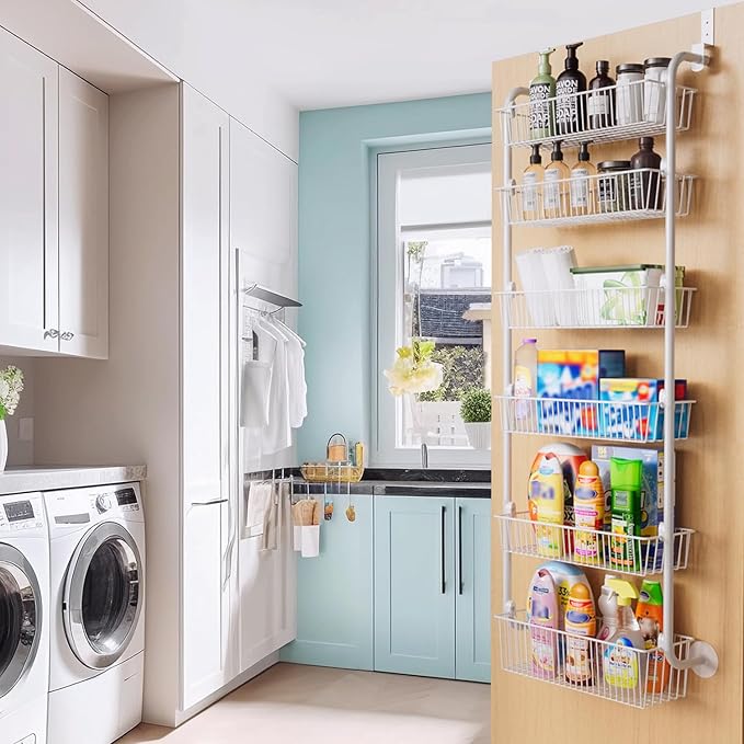Delamu Large Over the Door Pantry Organizer, 6-Tier Metal Pantry Door Organization and Storage for Easy Install, Hanging Spice Rack Seasoning Shelves for Cabinet & Kitchen, D6.7xW17.5xH53.7 in, White