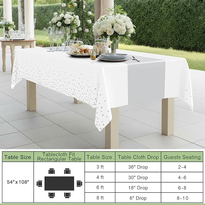 Smiry Plastic Table Cloth Disposable 8 Pack, 54 x 108 Inch Rectangle Waterproof Tablecloth, Printed Gold Table Runner Style for Birthday Weeding, Party, Leakproof & Sturdy, White and Sliver