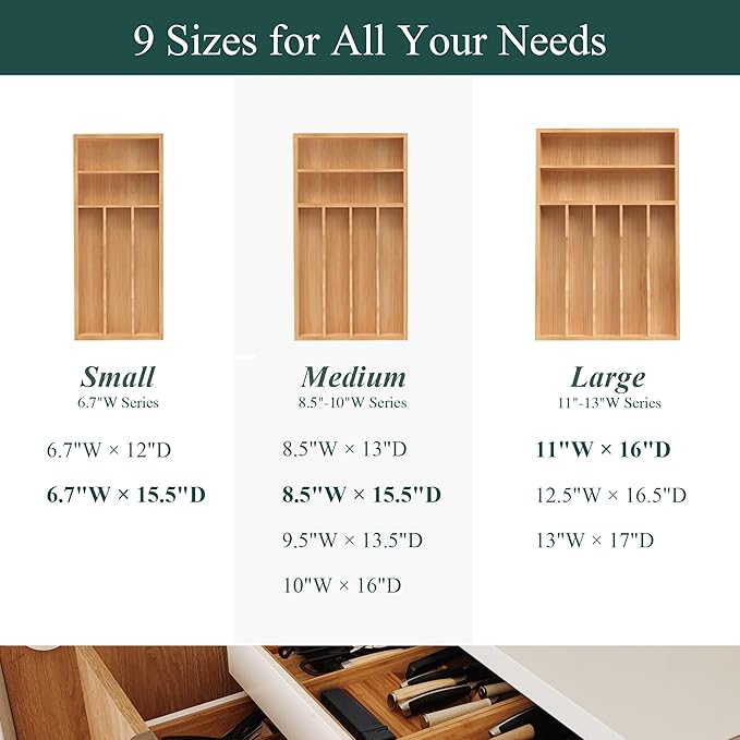 Silverware Organizer, Bamboo Kitchen Drawer Organizer, Utensil Holder, Cutlery Tray & Spoon Flatware Storage with Grooved Drawer Dividers (11''W x 16''D)