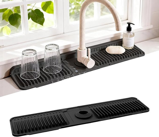 Faucet Mat for Kitchen Sink, 24"X5.5" Silicone Sink Splash Guard with Soap Holder, Snap-On Design & 7°slope Fast Drain, Folding Sink Faucet Mat for Universal Kitchen Bathroom Sink（Black）