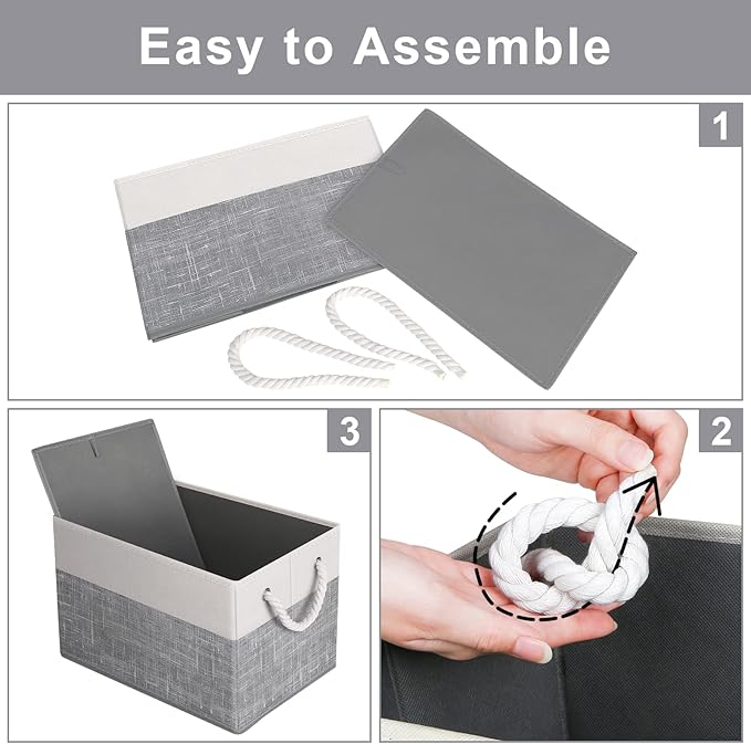Fab totes Storage Bins 4-Pack, Foldable Storage Baskets for Organizing Toys, Books, Shelves, Closet, Large Storage Box with Rope Handles, Sturdy Organizer Bins, White & Grey