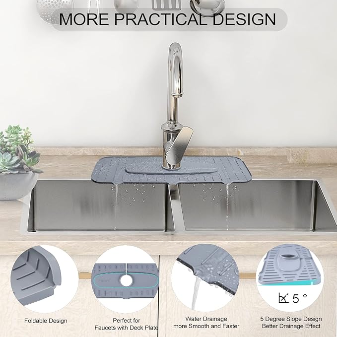 Silicone Faucet Mat, Kingmall Kitchen Faucet Mat Silicone Faucet Drip Catcher for Kitchen Faucet Drip Catcher, Tailor-Made for Faucets with 1cm(0.4 Inch) Deck Plate【Light Grey】