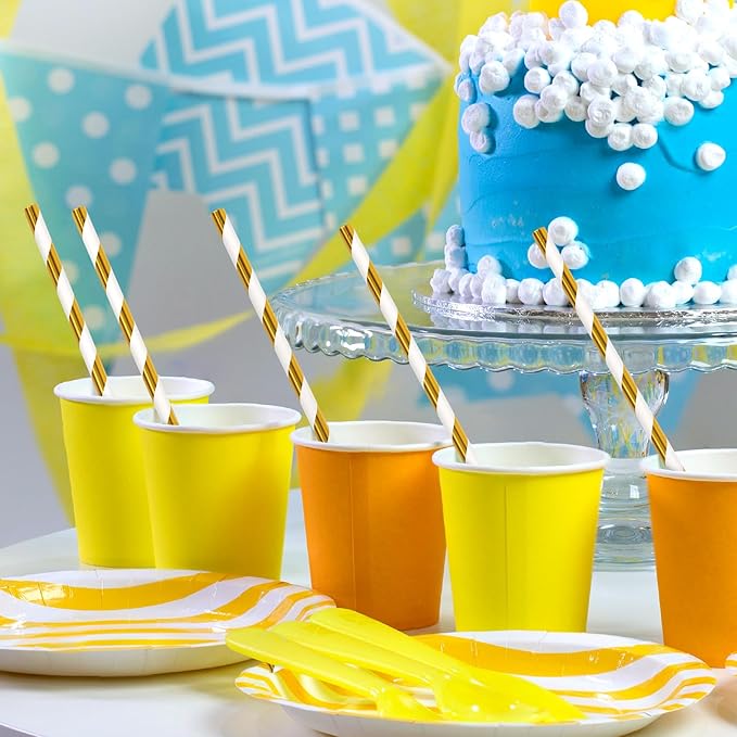 100 Packs Gold Biodegradable Striped Paper Straws, Disposable Drinking Straws for Birthday Carnival Summer Pool Party Wedding Baby Shower Halloween Christmas Party Decoration Supplies