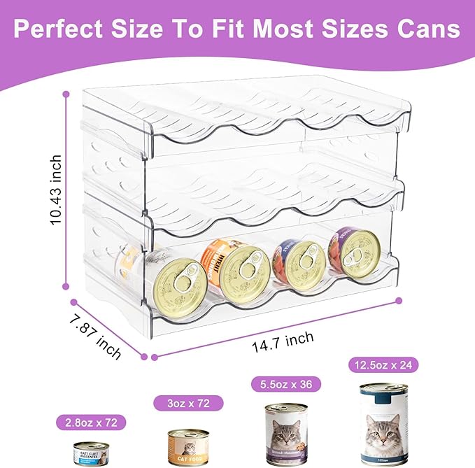 Cat Food Can Organizer, Can Organizer for Pantry, Transparent Cat Food Storage Container Holds 72 (3.5oz) Cans, Canned Food Organizer and Storage for Countertop Kitchen Cabinet (4 Tier-3 Layer)