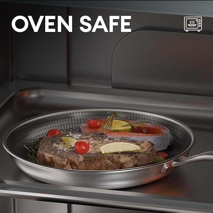 COOKER KING 12-Inch Stainless Steel Pan, Hybrid Nonstick Frying Pan, Skillet, 3-Ply Clad Cookware, Even Heat Distribution, Dishwasher & Oven Safe, with Stay-Cool Handle, Induction Compatible
