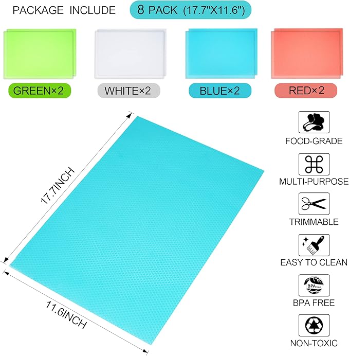 8 Pcs Refrigerator Liners Mats Washable, Refrigerator Mats Liner Waterproof Oilproof, Shinywear Fridge Liners for Shelves, Cover Pads for Freezer Glass Shelf Cupboard Cabinet Drawer (4 Color Mixed)