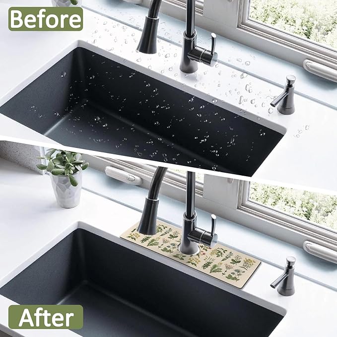 2 Pack 2 Pack Kitchen Sink Splash Guard Faucet Mat 24" X 5.5" Floral Absorbent Fast Drying Mat Faucet Draining Mat Sink Splash Guard Behind Faucet Drip Catcher for Kitchen Bathroom