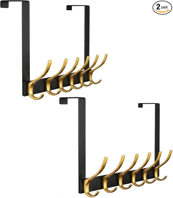 2 Pack 11" Over The Door Hooks for Hanging, Heavy Duty Door Towel Rack with Custom Gold Hooks, Anti-Scratch 4 Pads, 12 Dual-Layer Hooks for Bathroom Bedroom Kitchen, Black Gold