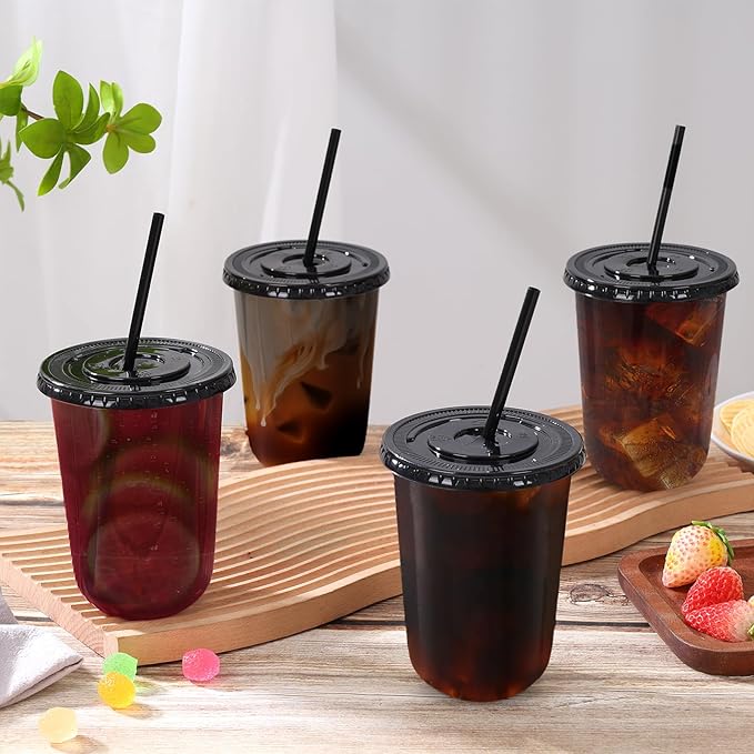 tchrules 100 Set 16oz Plastic Cups with Lids and Straws, Disposable Black Clear Iced Coffee Cup with Lid, Round Bottom Plastic To Go Cups for Cold Drinks Slushie Smoothie Soda Bar Party Shop Supplies