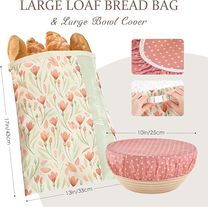 Beeswax Bread Bag and Bowl Cover Set, Reusable Beeswax Bread Bag for Sourdough and Homemade Bread, Natural Lined Cotton Bowl Cover for Dough Proofing, Perfect for Baking and Storage