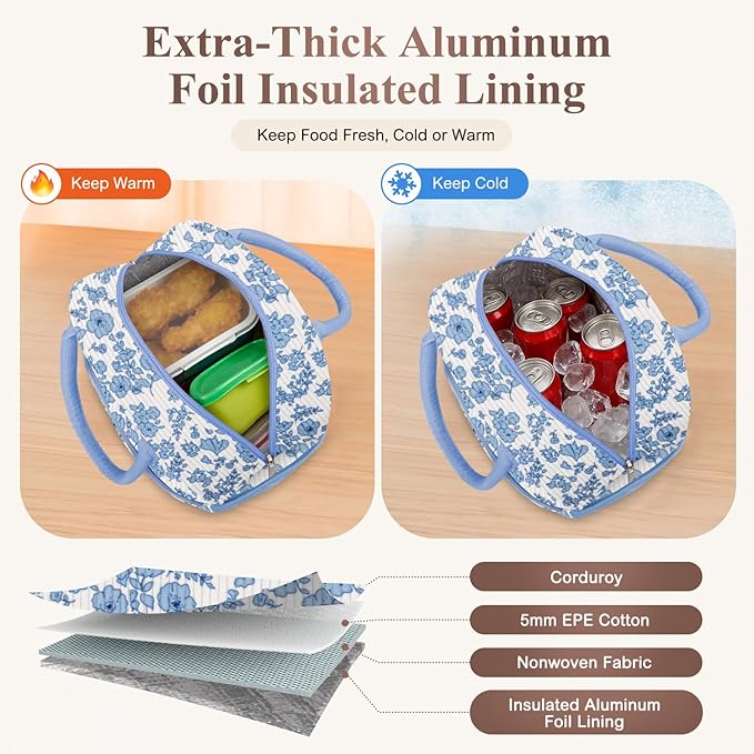 KUBYA Lunch Bag Lunch Box for Women, Cute Corduroy Insulated Reusable Work Leakproof Simple Adults Large Lunch Boxes Tote Bag Men Cooler Bag