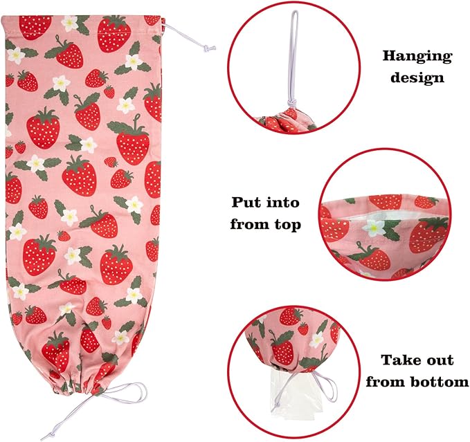 Strawberry Grocery Plastic Bag Holder and Dispenser,Farmhouse Home Decor,Reusable Grocery Accessories Organizer,Garbage Shopping Trash Bags Storage for Kitchen,Gifts for Women Family