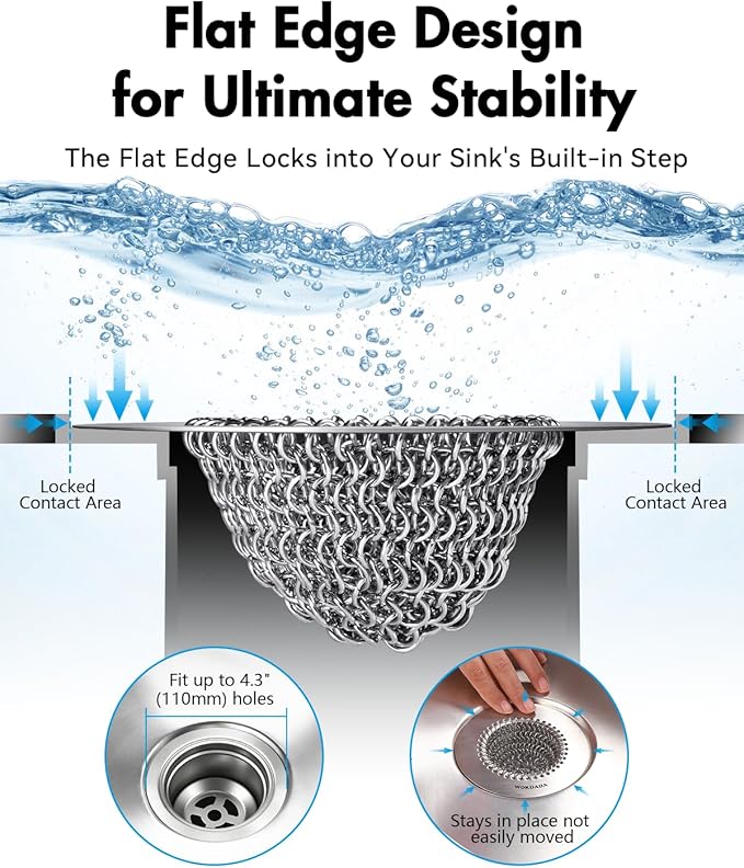 Sink Drain Strainer, Reversible No Clog Mesh Kitchen Sink Drain Strainer, 304 Stainless Steel & Rust-Proof/Masterfully Handcrafted, Easy Clean, Dishwasher Safe, Fits Standard Sink Drain