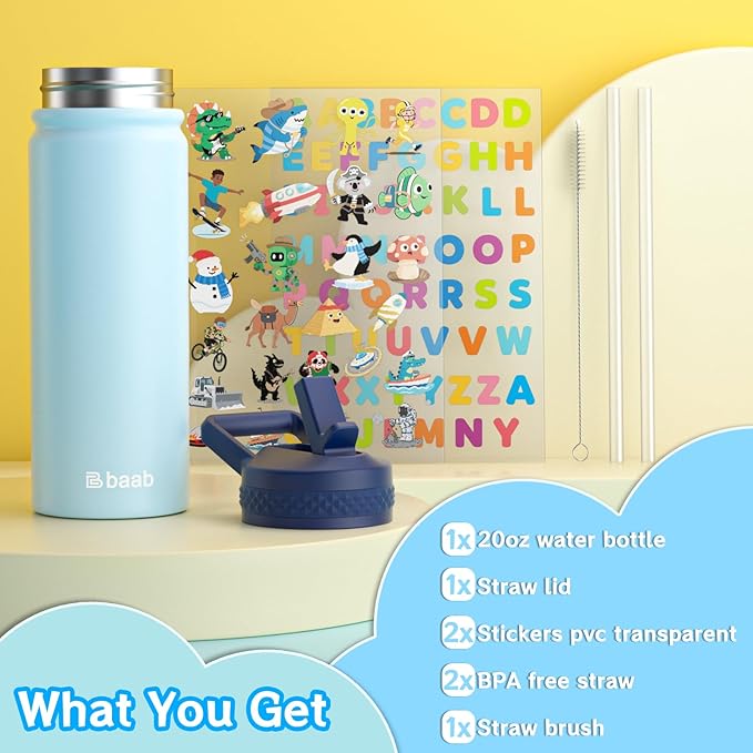 baab 20oz kids Water Bottle, Insulated Water Bottle with Straw & Stickers, 18/8 Stainless Steel Vacuum Leakproof kids Water Straw Cup for School, Perfect for Boy Girl (Navy Blue+Light Blue, 2 Pack)