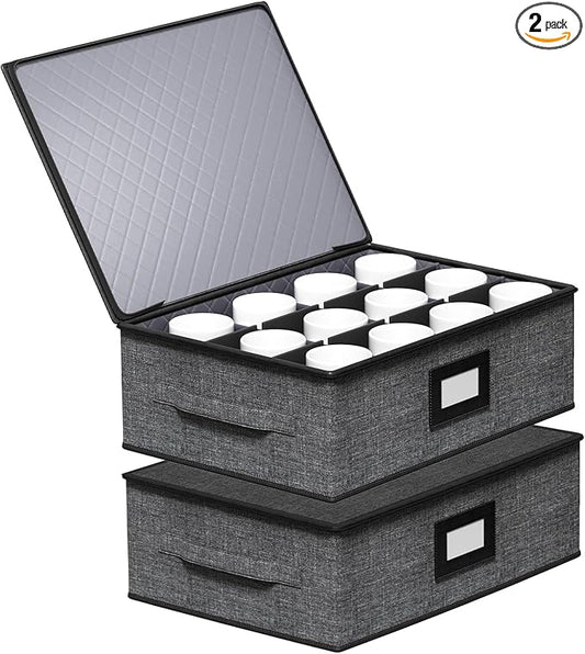 Aokeyee 2-Pack Cup & Mug Storage Box with Dividers, Hard Shell Organizer with Lid, Handles, Zippers & Label Slot, Holds 24 Mugs, Teacups & Glasses, Stackable Containerfor Moving & Protection, Grey