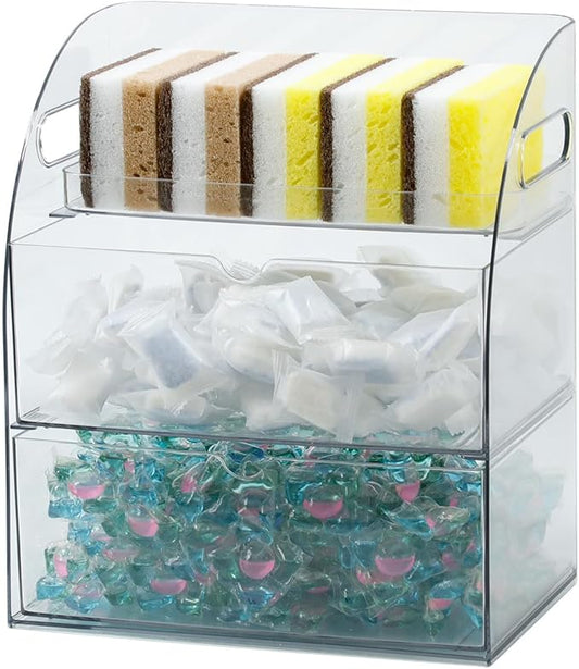 Clear Kitchen and Pantry Organizer with Drawer, Plastic Trash Bags and Dishwasher Pods Dispenser Holder Under Sink, Large Storage Container with Handle for Laundry and Bathroom