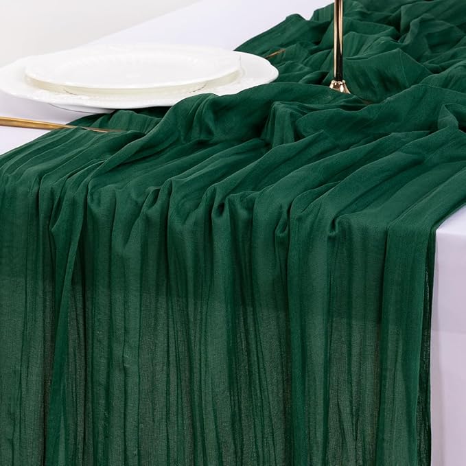 Socomi 6pcs Emerald Green Cheesecloth Table Runner Summer Boho Rustic Gauze 120 inch 10FT Cheese Cloth Sheer Runner for Wedding Party Baby Shower Birthday Home Decor Holiday Decorations