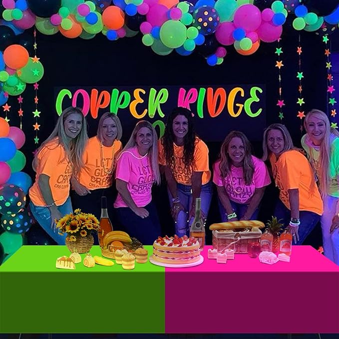 12 Pack Neon Table Cloths Party Decorations, Pink Orange Yellow Green Blue Purple Glow in The Dark Plastic Tablecloth, Disposable Rainbow Table Cover for Glow in Dark Neon Party Supplies Decorations