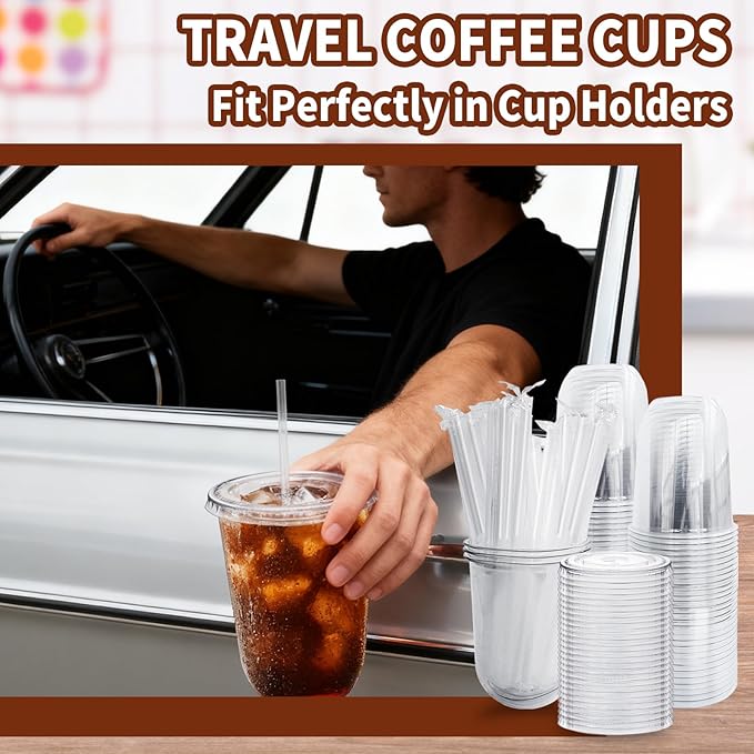 Alaeseje 100 Pack Clear Plastic Cups with Lids and Straws,16 oz Disposable Iced Coffee Cups,PET Crystal Cups,Round Bottom To Go Cup for Iced Coffee Juice Smoothie Cold Beverage