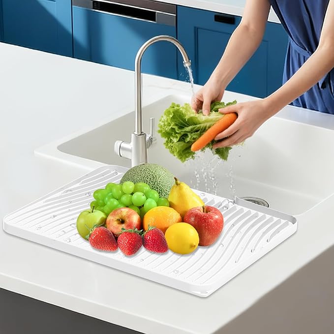 Silicone Dish Drying Mat for Kitchen Counter, Non-Slip Drain Pad, Dish Drying Pad, Easy to Clean Dish Rack Pad, Multi-Use as Heat Resistant Trivet, 15.8" x 13" , Ivory