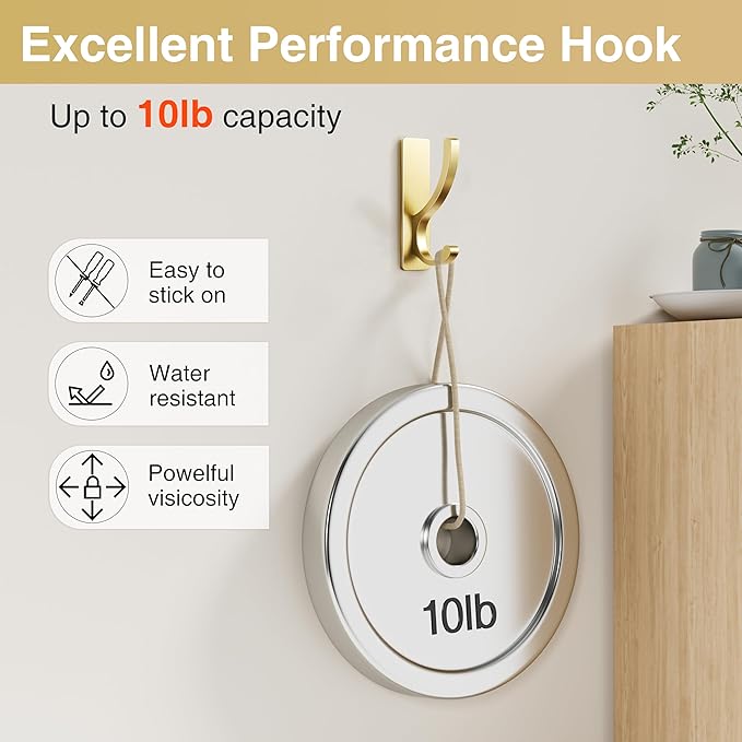 pickpiff Adhesive Wall Hooks for Towels - Sticky Hook Hanging Heavy Duty (13lb), Hanger for Door, Bathroom, Dorm, Closet - for Coats, Purse, Bag, Robe - No Damage to Wall - Gold 10 Pack