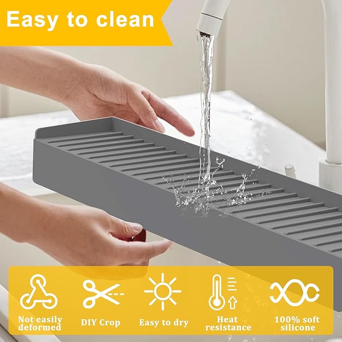 Silicone Sink Edge Protectors - Multifunction Accessories, Splash Guard & Draining Mat for Kitchen, Bathroom Sink, Steel, Granite, Quartz Countertops (Gray, 4 * 14in)