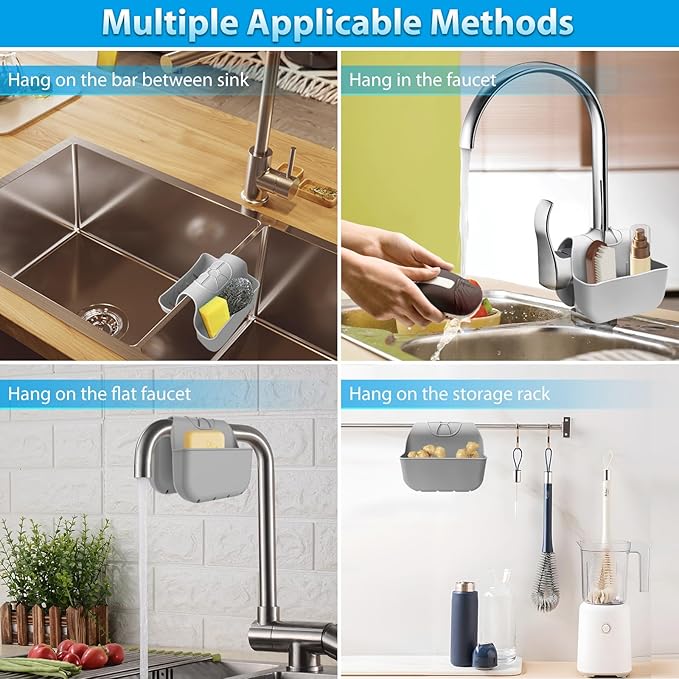 Sponge Holder for Kitchen Sink, Silicone Sink Saddle Caddy Organizer Rack, Sponges Holder Over Faucet, Hanging Kitchen Organizer Accessories Rack Basket - Grey