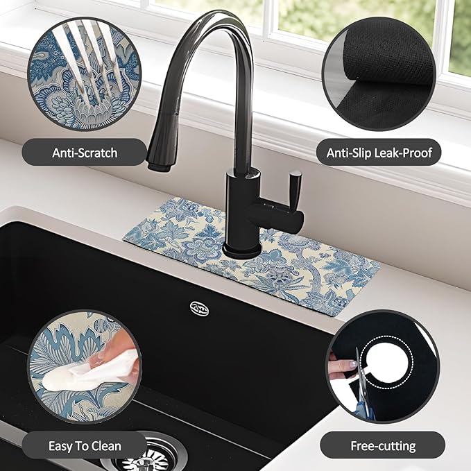 15" X 5.5" Kitchen Sink Splash Guard Faucet Mat Floral Super Absorbent Fast Drying Faucet Guard & Draining Mat Sink Splash Guard Behind Faucet for Kitchen, Bathroom