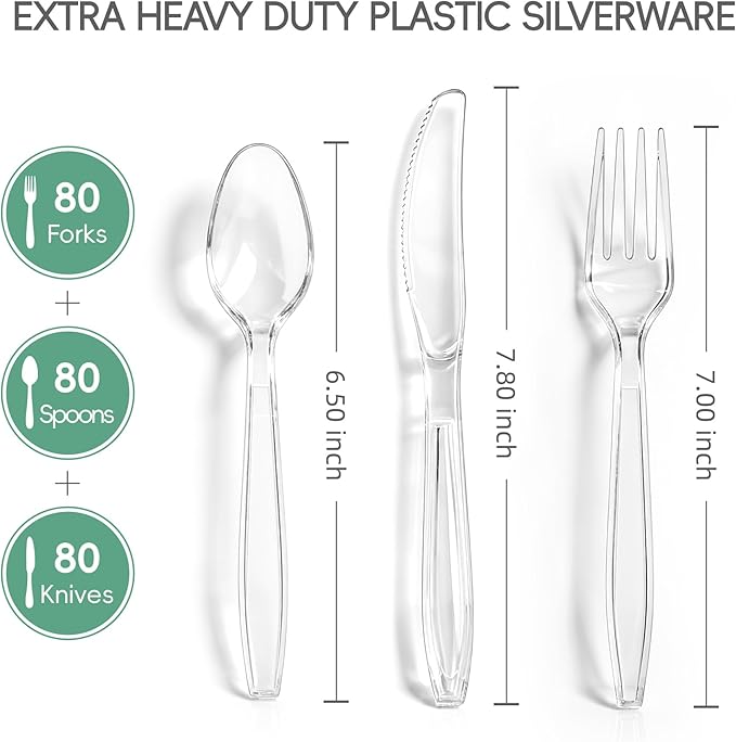 240 Count Extra Heavy Duty Clear Plastic Silverware, 80 Forks, 80 Spoons, 80 Knives, BPA-Free and Heat Resistant, Disposable Cutlery set, Premium Clear Utensils for Party and Daily Use