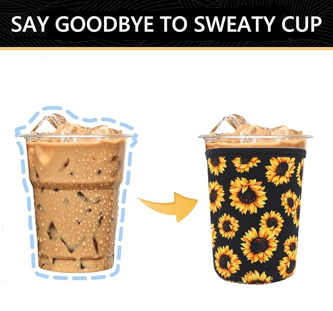 YR Reusable Neoprene Insulator Sleeve for Iced Coffee Cups, 3 Pack Coffee Coolies sleeves for Iced & Hot Drinks, Cold Beverage Cooler Compatible with Starbucks Coffee and More (Sunflower)