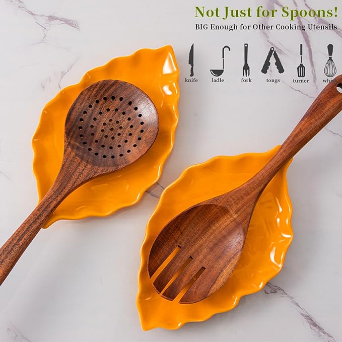 Ceramic Leaf Shape Spoon Rest for cooking, Cute Cooking Spoon Holder for Stove Top,Large Porcelain Spatula Rest for Kitchen Counter, Farmhouse Christmas Kitchen Decor (orange)